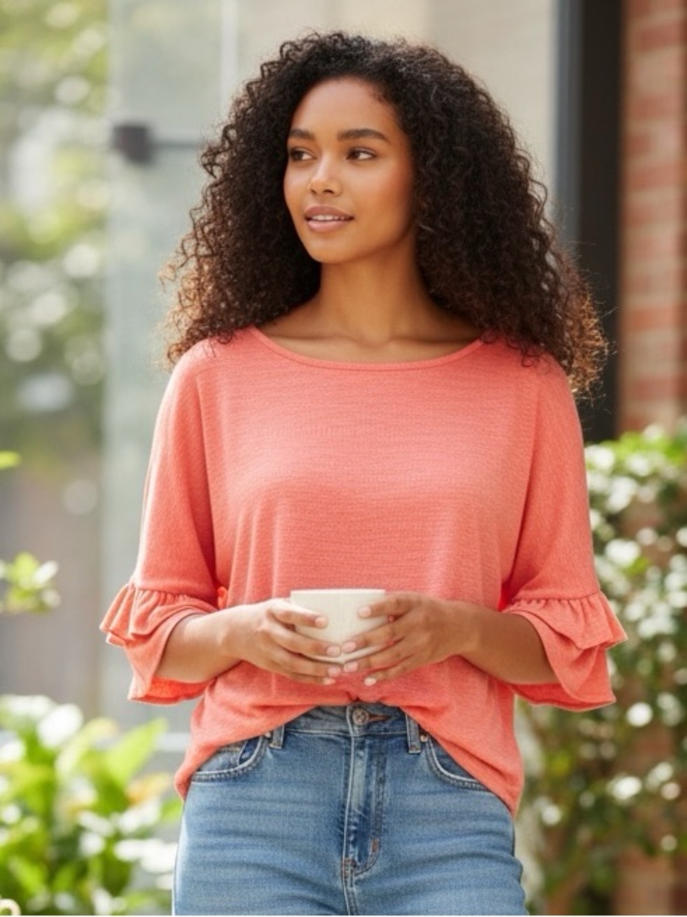 Cable & Gauge salmon/pink ruffle sleeve top size XL